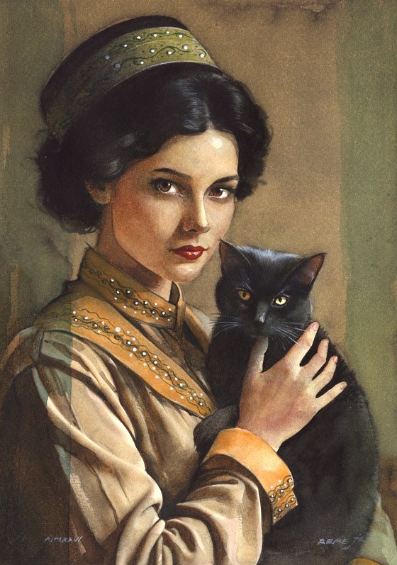 Beautiful Girl with black cat