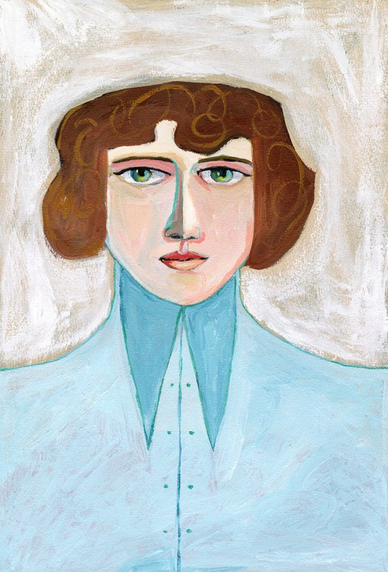 The woman with the high collared blue shirt