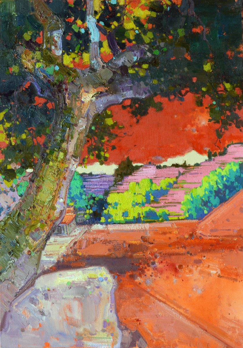 Impressionistic Landscape Oil Painting By Jianzhe Chon, 28 X 39, Big Tree 242, Original Artwork