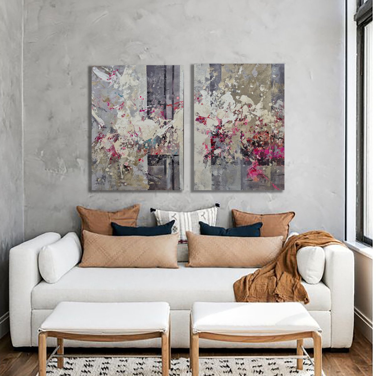 Abstract Oil Painting By Natalia Yampolskaia, 47 X 31", Pink Moon. Diptych, Original Artwork