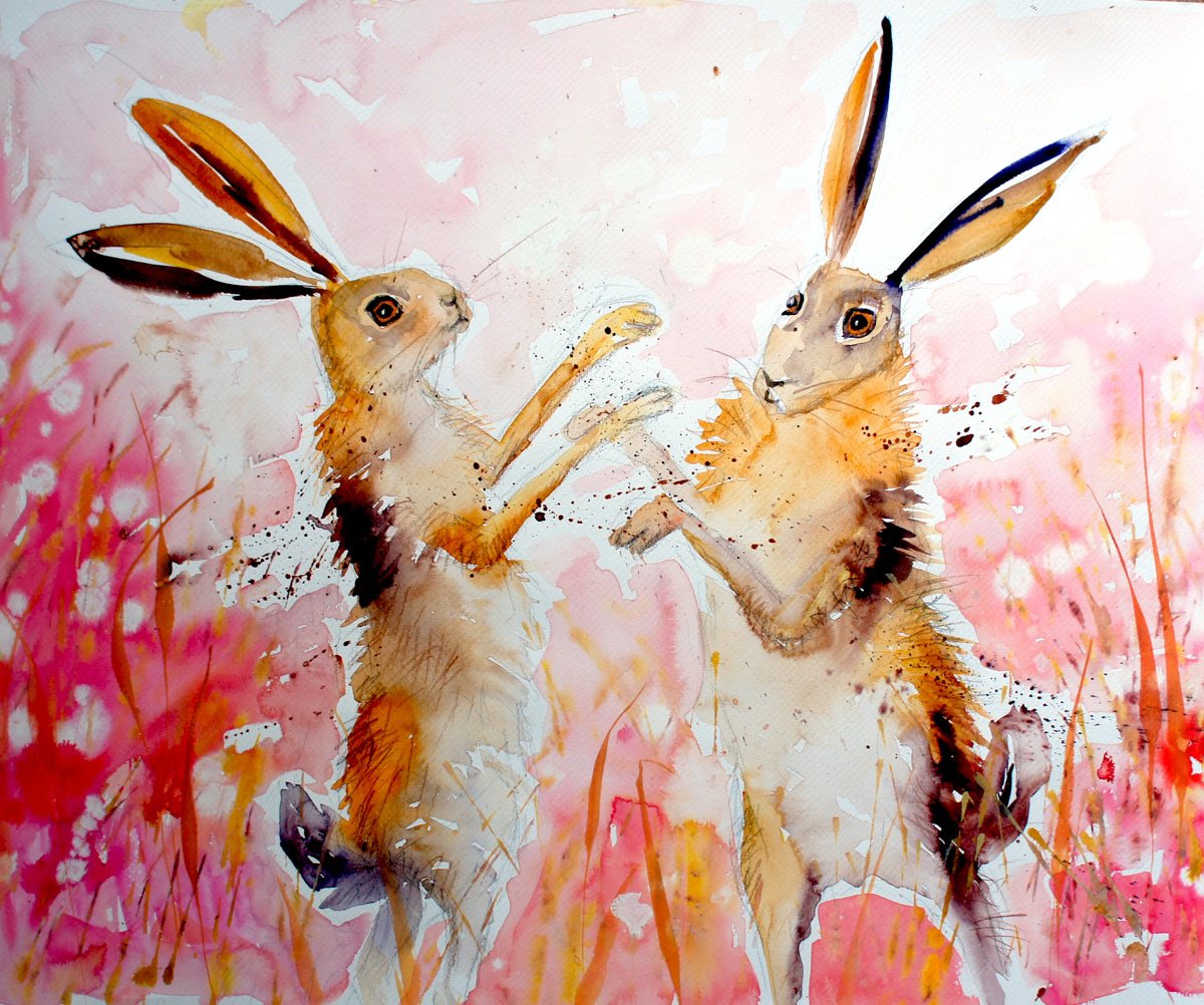 Expressive Watercolour , March Hares By Julia Rigby, 23 X 18, Artwork For Sale On Artfinder