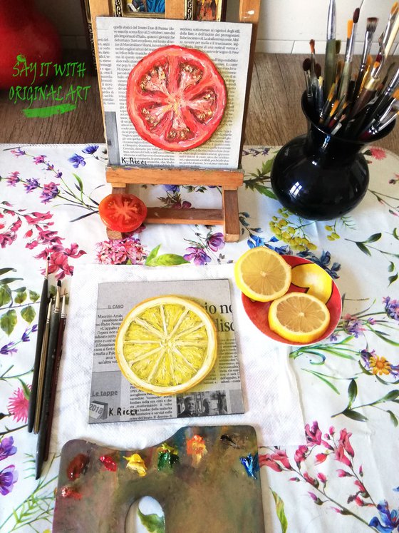 "Lemon on Newspaper" Original Oil on Wooden Board Painting 6 by 6 inches (15x15 cm)