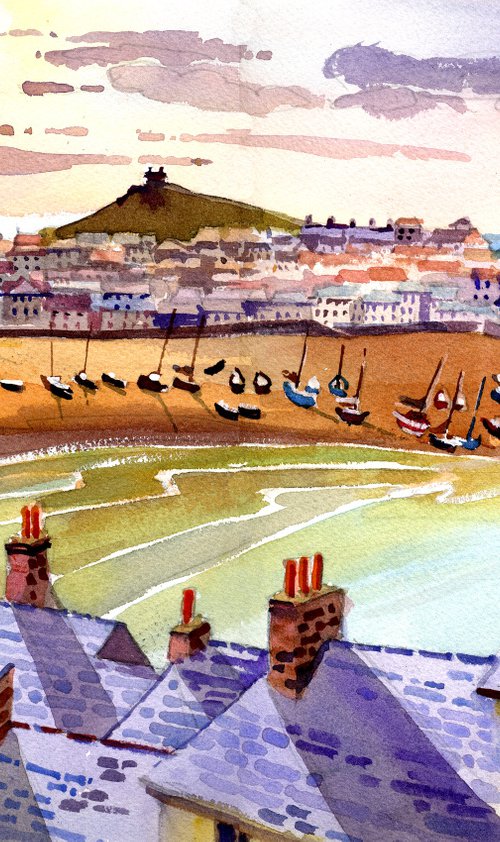 Over the Rooftops, St Ives, Cornwall. Beach, boats, sunset. by Peter Day