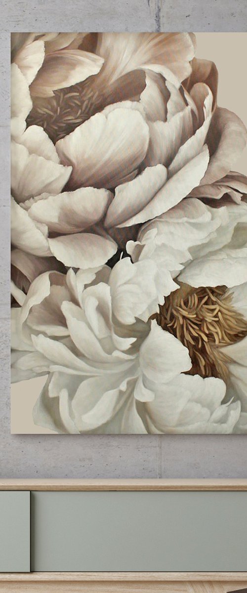 "Gray Silk Flowers 2" Gray white peony art by Olha