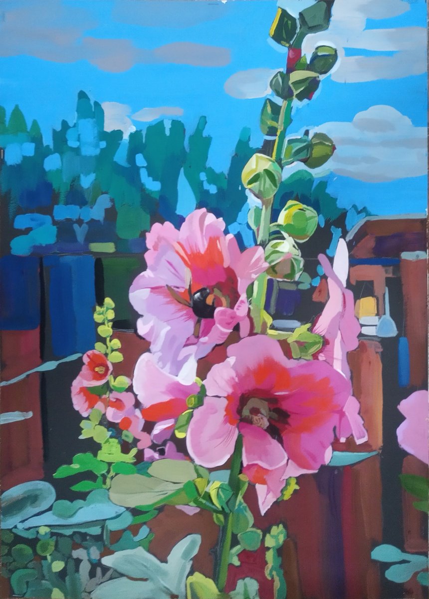 Impressionistic Botanical Painting By Valentina Kachina, 20 X 28", Mallow, Original Artwork