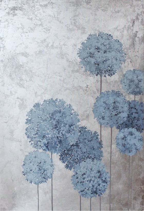 "Flower Balls" Blue silver flowers abstract