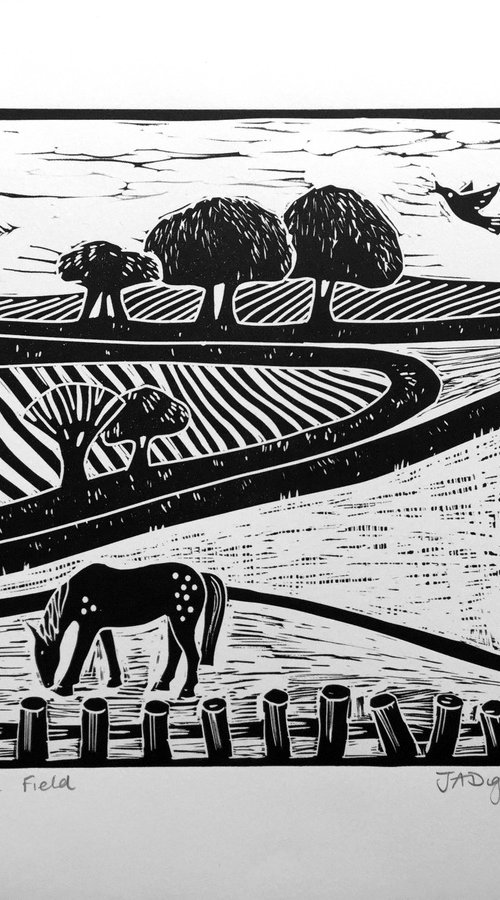 Limited edition handmade Linocut. Out in the Field. by Jane Dignum