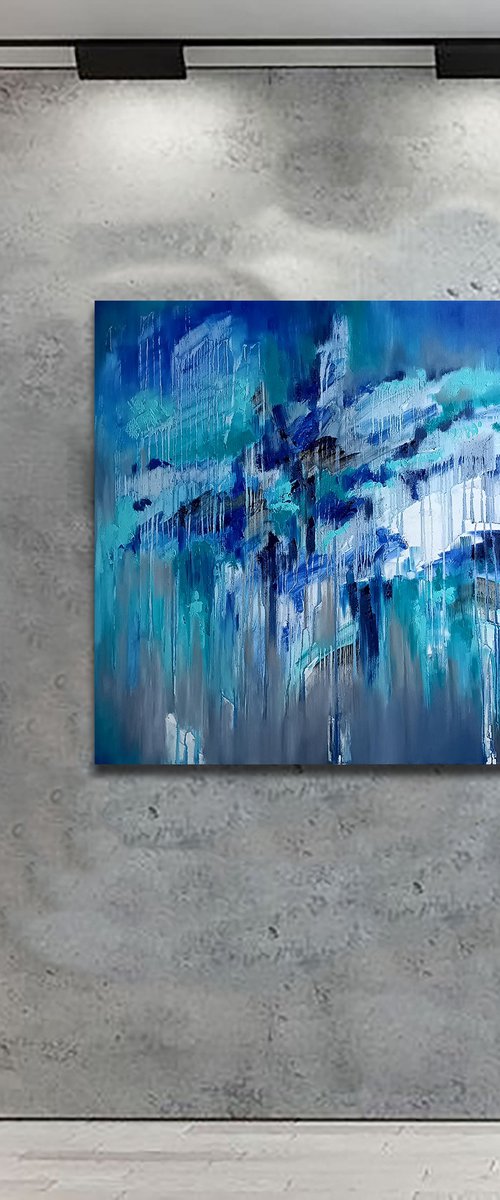 Blue Lagoon - abstraction, oil, original oil painting on canvas, drips painting, blue colors, impressionism by Anastasia Kozorez