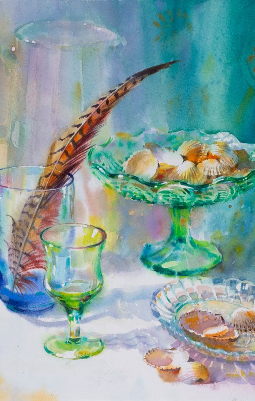 Still life of glass decanter and different glass dishes on a table. Original still Life in watercolor. (2020) by Samira Yanushkova