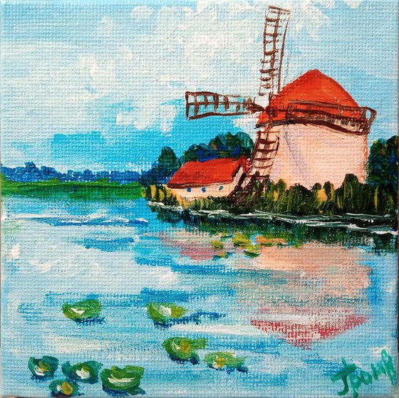 Windmill on the river bank. Miniature painting