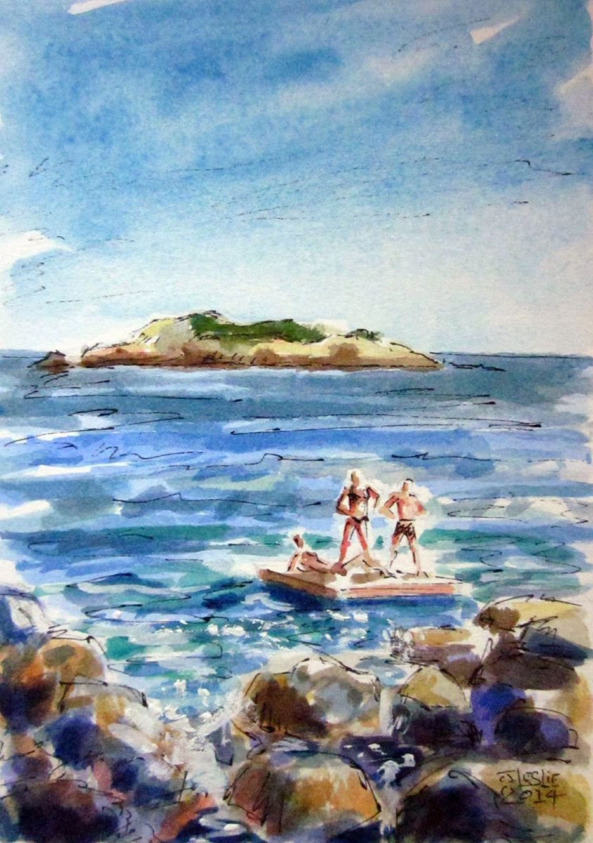 Jimmy Leslie | Original  Watercolour | Bathers At Rocky Beach | 20 X 25Cm | Artwork For Sale On Artfinder