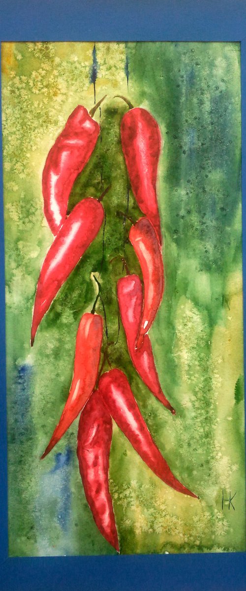 Chili Peppers Painting Food Original Art Vegetable Watercolor Artwork Home Wall Art 8 by 18" by Halyna Kirichenko by Halyna Kirichenko