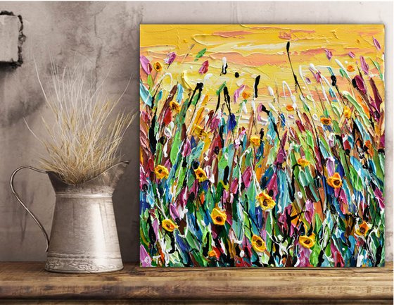 Yellow Flowers Meadow - Abstract Floral Painting, Textured Palette Knife Art