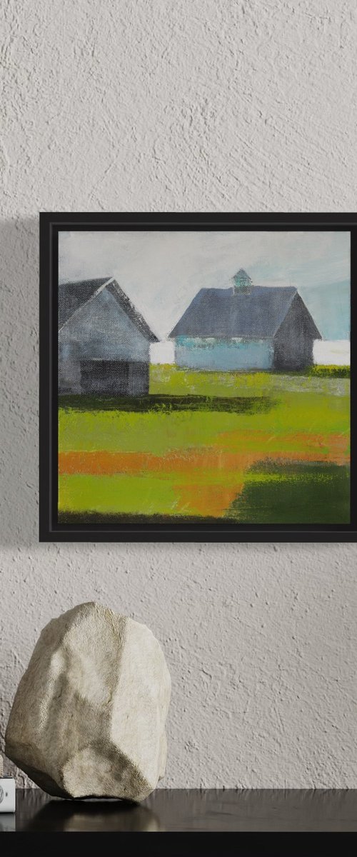 Grey barns on Green grass by Bo Kravchenko