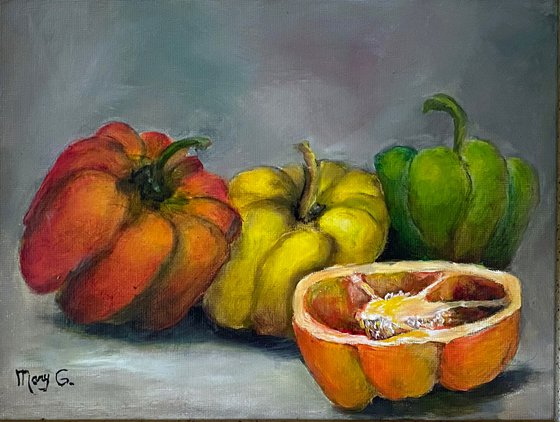 Red, Yellow, Green Peppers Still Life Original Oil Painting Gold Frame