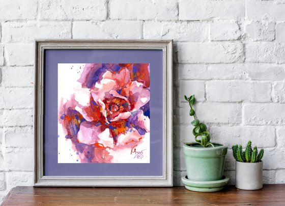 "Peony flower at sunset" - Textured abstract botanical mixed media artwork in bright purple and orange colors