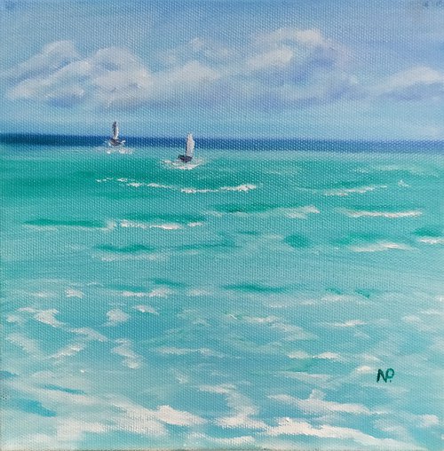 Maldivi, original ocean, sky, boats, clouds landscape oil painting, Gift by Nataliia Plakhotnyk