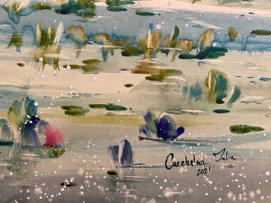 Watercolor “Fishing early morning” gift for him