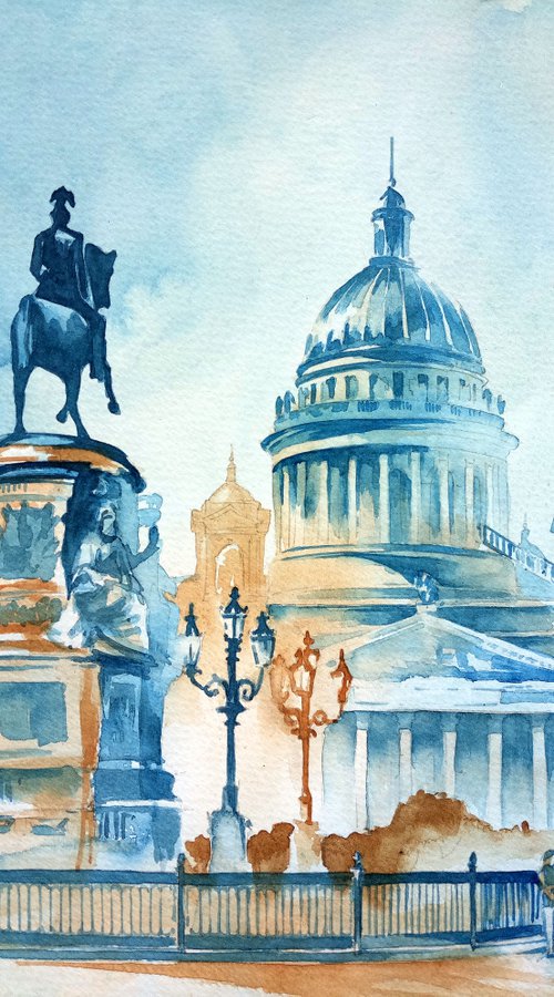 Architectural landscape "Ensemble of St. Isaac's Cathedral in St. Petersburg" original watercolor painting by Ksenia Selianko