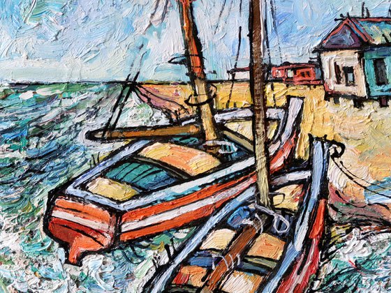 Boats and surf.