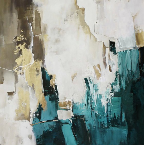 "Teal Flood 2" Teal gold abstract acrylic art