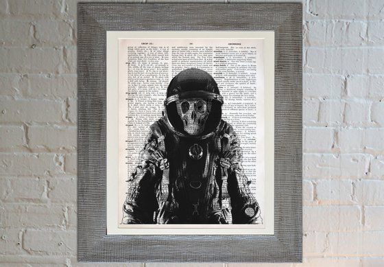 Astronaut Skull - Gothic Collage Art Print on Large Real English Dictionary Vintage Book Page