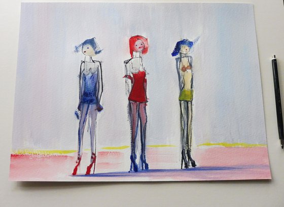 GIRLS EUROPEAN TEEN FASHION HIGH HEEL MODELS. Original Female Figurative Watercolour Painting.