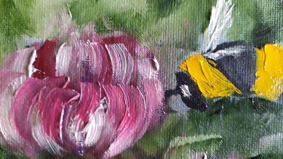 Bees, small framed oil painting, flower, gift idea, art for home