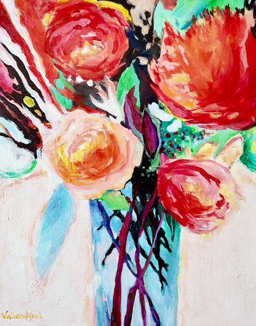 SMELLS LIKE PEONIES SPIRIT - 40 X 50 CM - FLORAL PAINTING ON CANVAS * RED *WHITE *GREEN by Jani Vallentimi