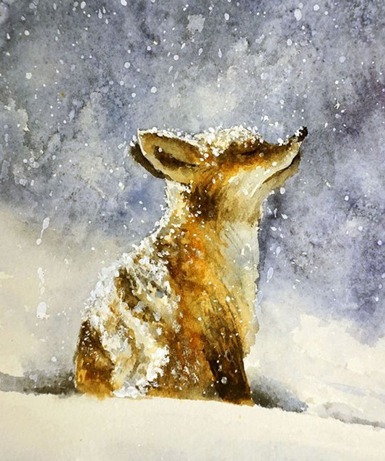 White Fox in Snow ORIGINAL Watercolor Painting, Cute Animal Art