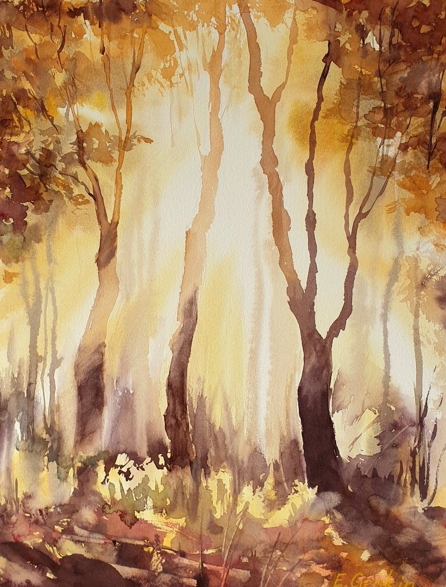 Impressionistic Landscape Painting By Elena Genkin, 10 X 14, Autumn Forest, Original Artwork