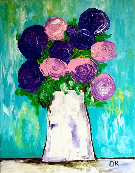 BOUQUET OF Purple and pink Roses  #7 palette  knife Original Acrylic painting office home decor gift