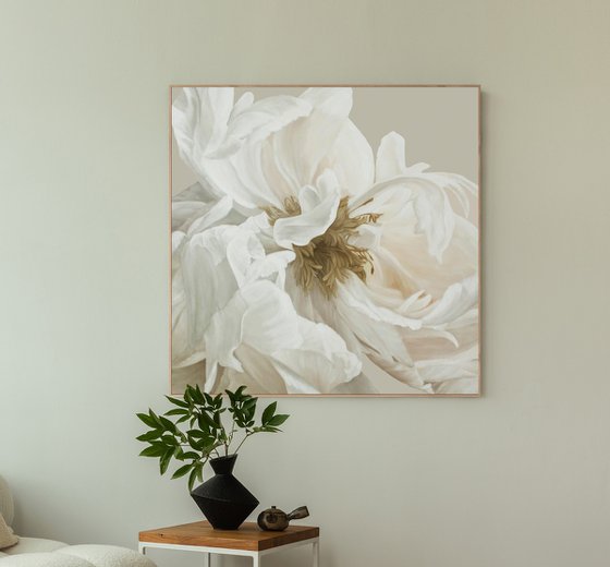 "Gray Silk Flowers 3"  White peony oil art