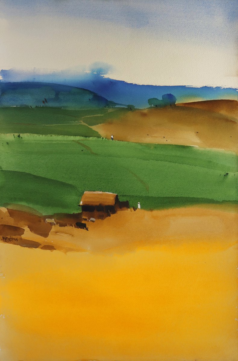 Composition with yellow blue and green by Prashant Prabhu
