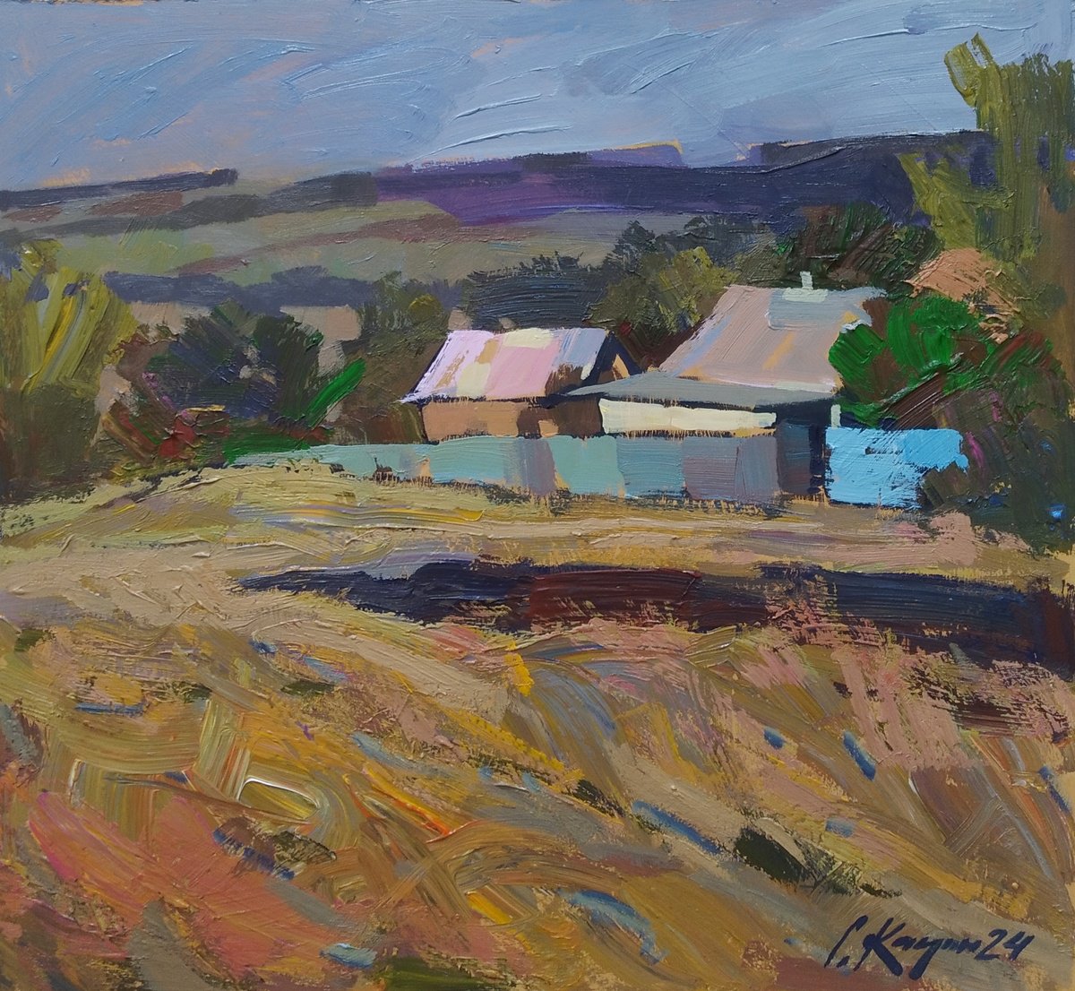 Impressionistic Landscape Acrylic Painting By Sergey Kachin, 24 X 22", In The Village, Original Artwork