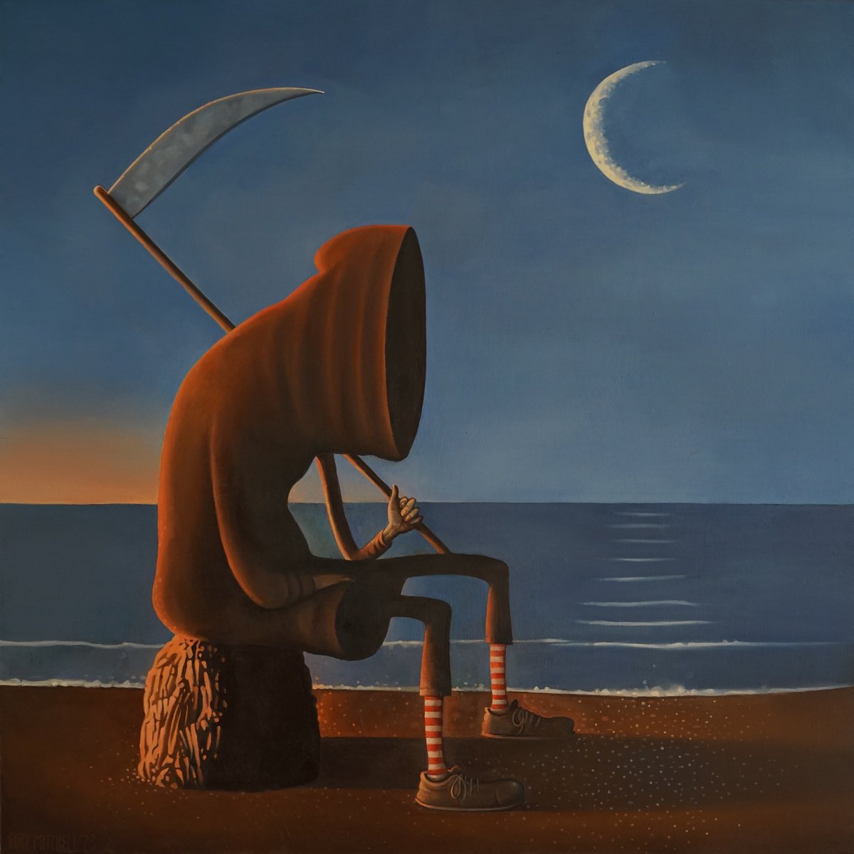 Naive Portrait Oil Painting By Rory Mitchell, 39 X 39", The Intermission, Original Artwork