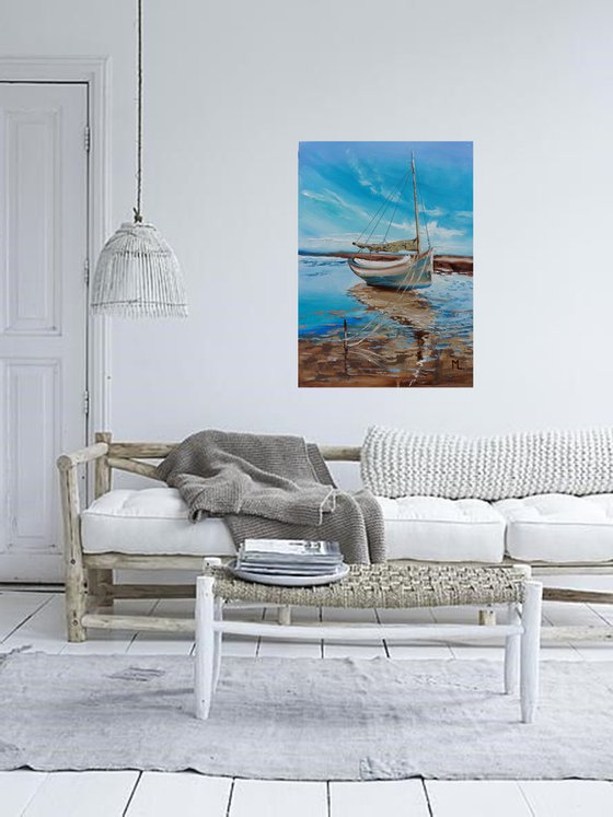 " SEASHORE ... " SHIP BOAT SAIL original painting palette knife GIFT MODERN URBAN ART OFFICE ART DECOR HOME DECOR GIFT IDEA