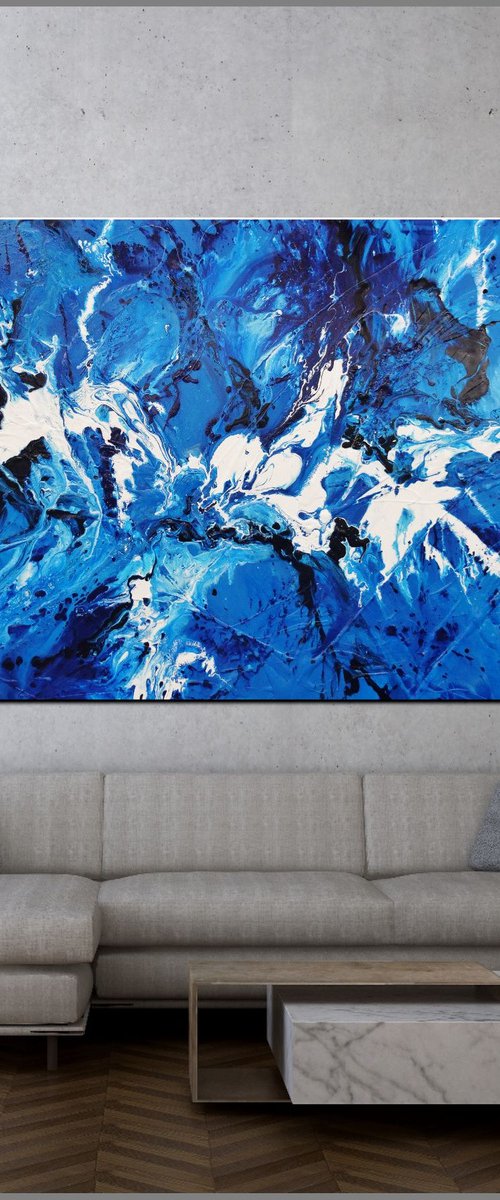 Indigo Waters 200cm x 120cm Blue White Textured Abstract Art by Franko