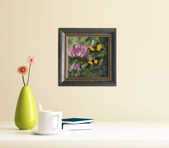 Bees, small framed oil painting, flower, gift idea, art for home