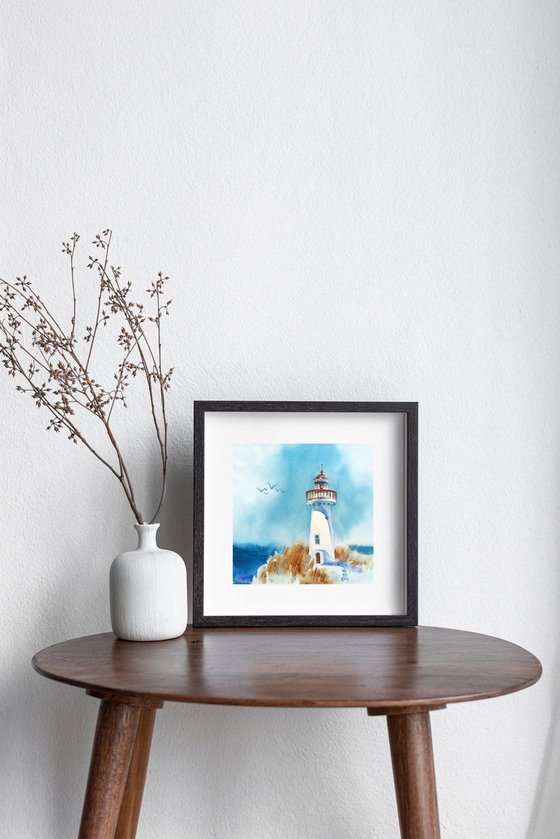 Architectural seascape "Lighthouse" small original watercolor artwork in square format