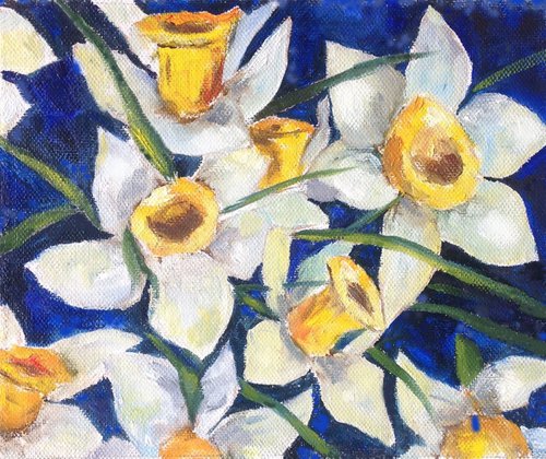 Early daffodils on blue by Liubov Samoilova