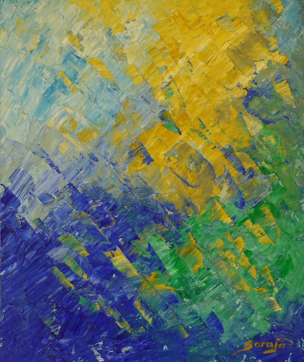 Abstract Landscape Oil Painting By Saroja Van Der Stegen, 17 X 20", Summer Rain (Ref#:1303-8F), Original Artwork