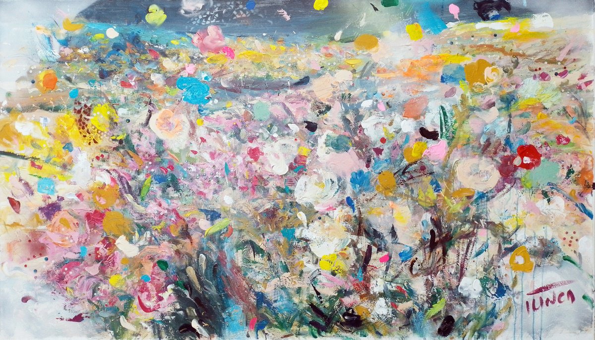 Expressive Abstract Painting By Catalin Ilinca, 61 X 35, Magic Garden (Iii), Original Artwork