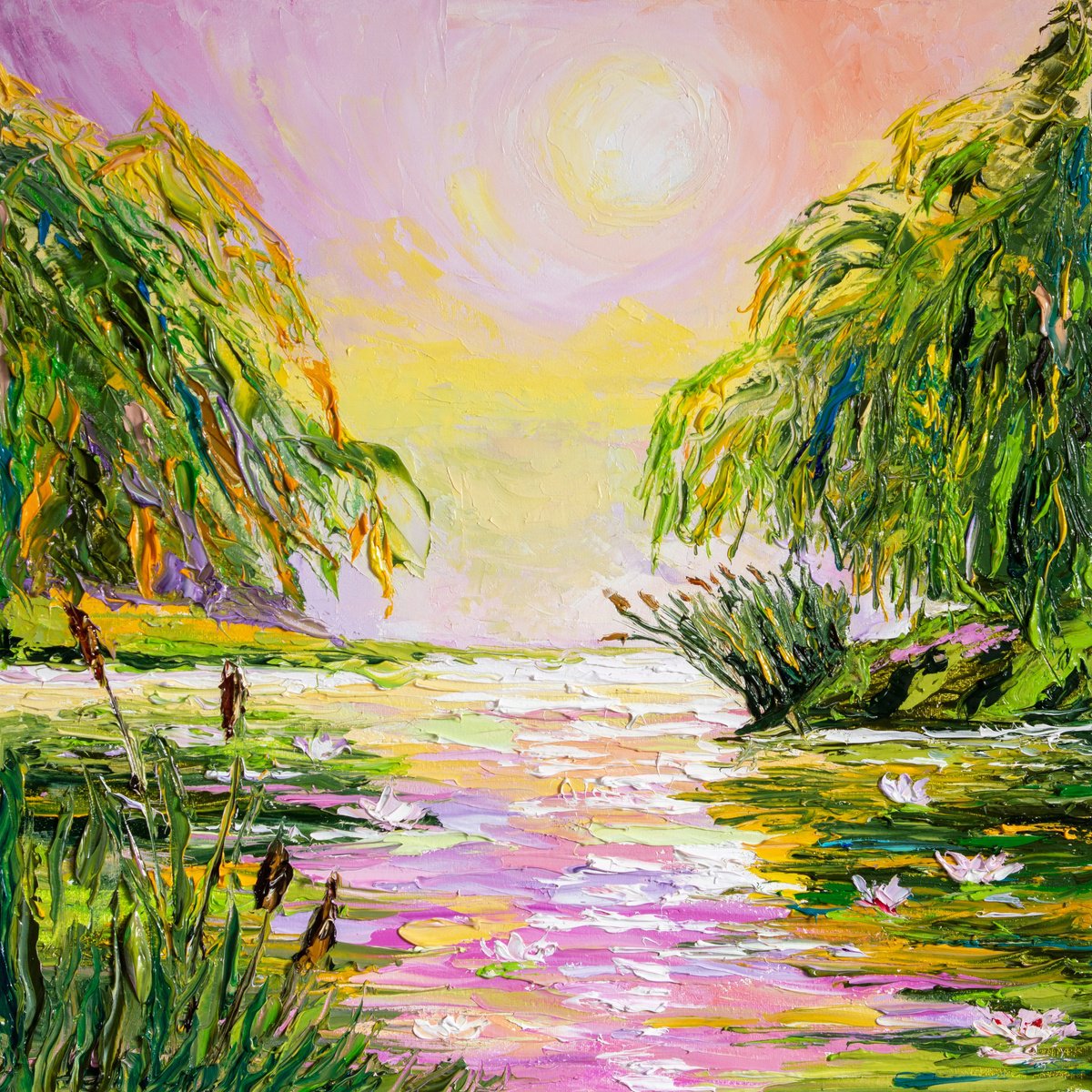 Impressionistic Landscape Oil Painting By Vladyslav Durniev, 20 X 20", Morning On A Summer Pond, Original Artwork