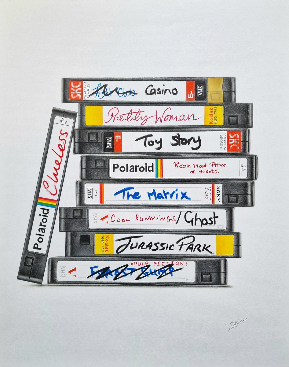 Photorealistic Still Life Pencil Drawing By Daniel Shipton, 16 X 20, 90S Vhs Stack, Original Artwork