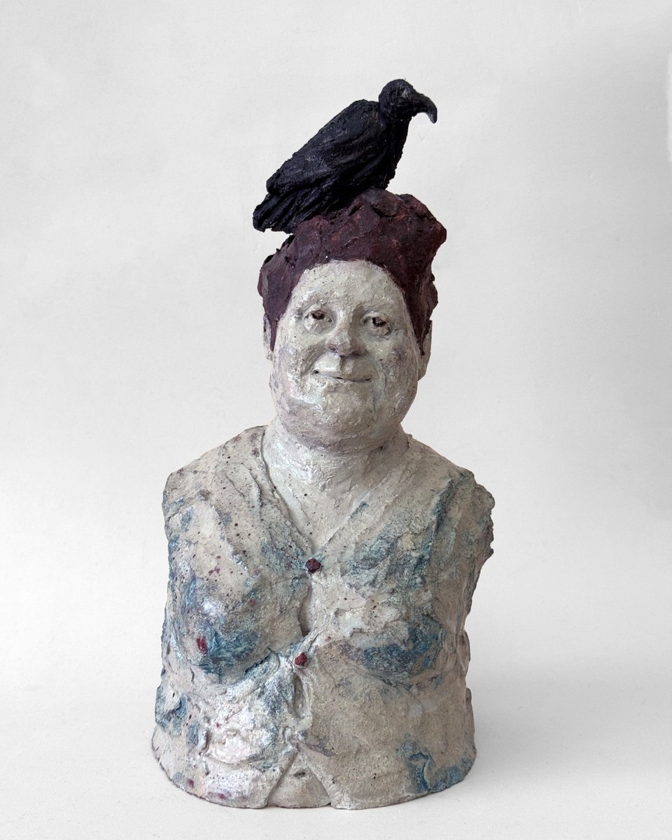 Expressive Portrait Clay Sculpture By Sol Vil, 5 X 11", Black Bird, Original Artwork