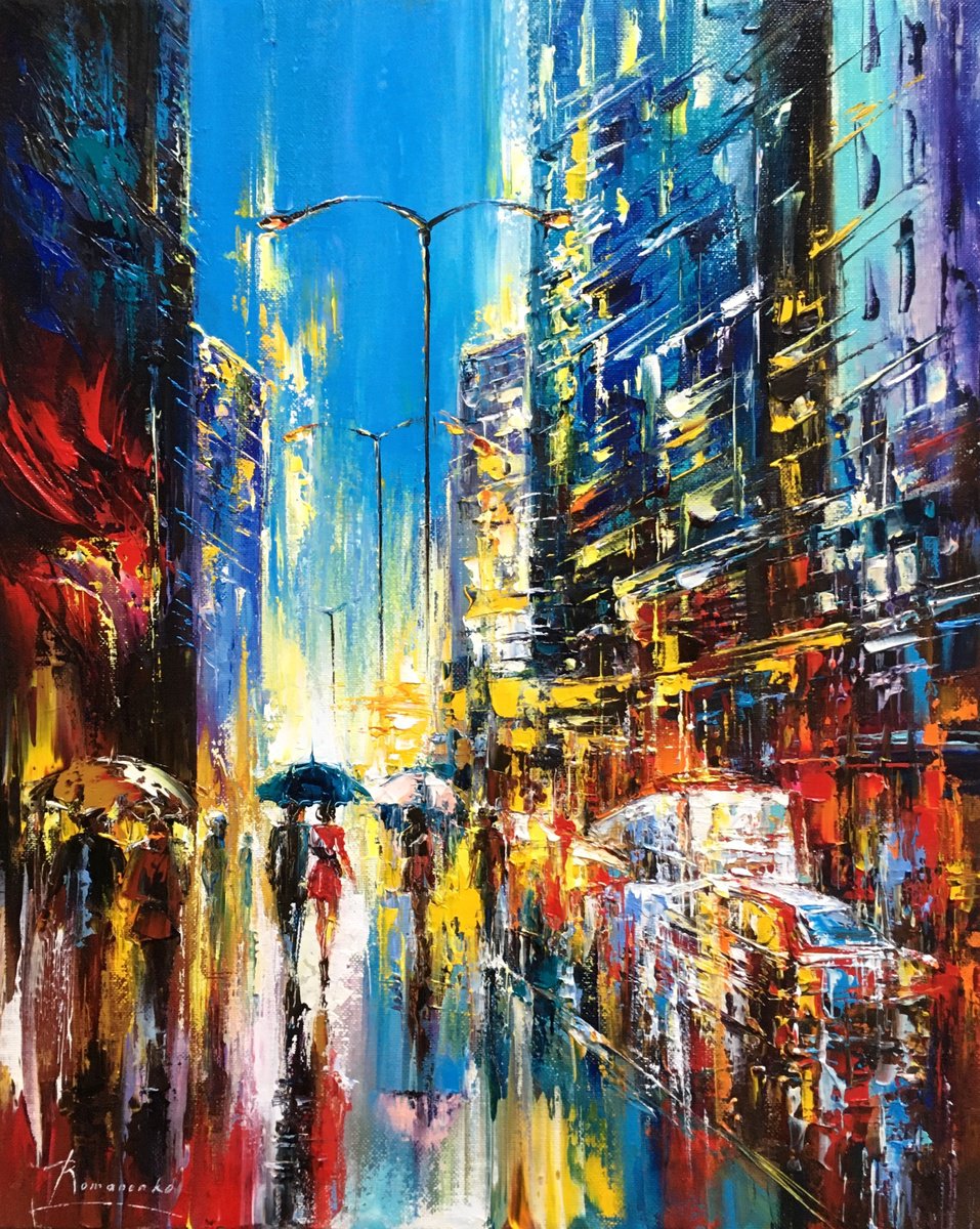 Impressionistic Cityscapes Oil Painting By Olena Romanenko, 16 X 20", Turquoise Evening, Original Artwork