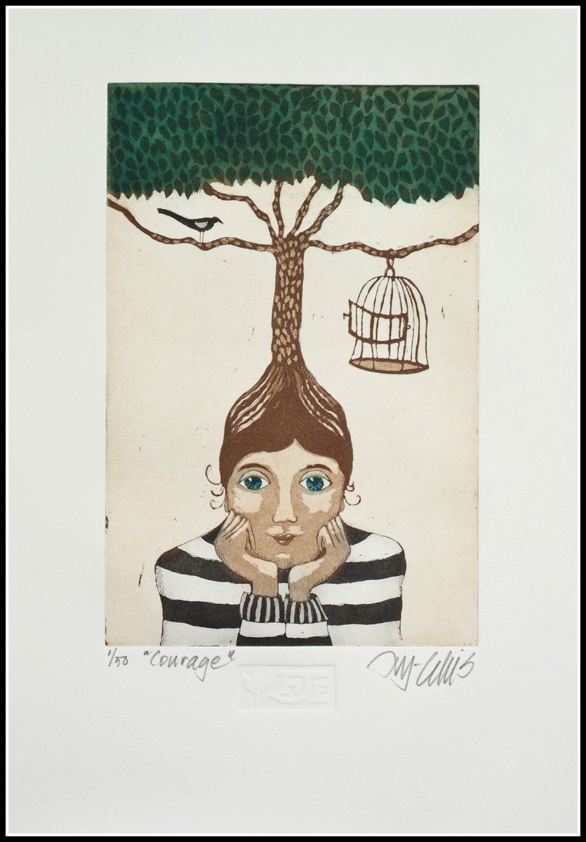 Illustrative Portrait Etchings & Engravings By Mariann Johansen-Ellis, 9 X 12", Courage, Original Artwork