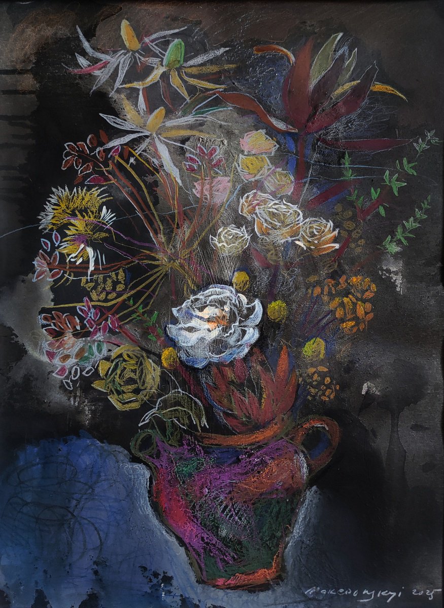 Impressionistic Botanical Painting By Pavlo Makedonskyi, 17 X 21", Flowers On Black, Original Artwork