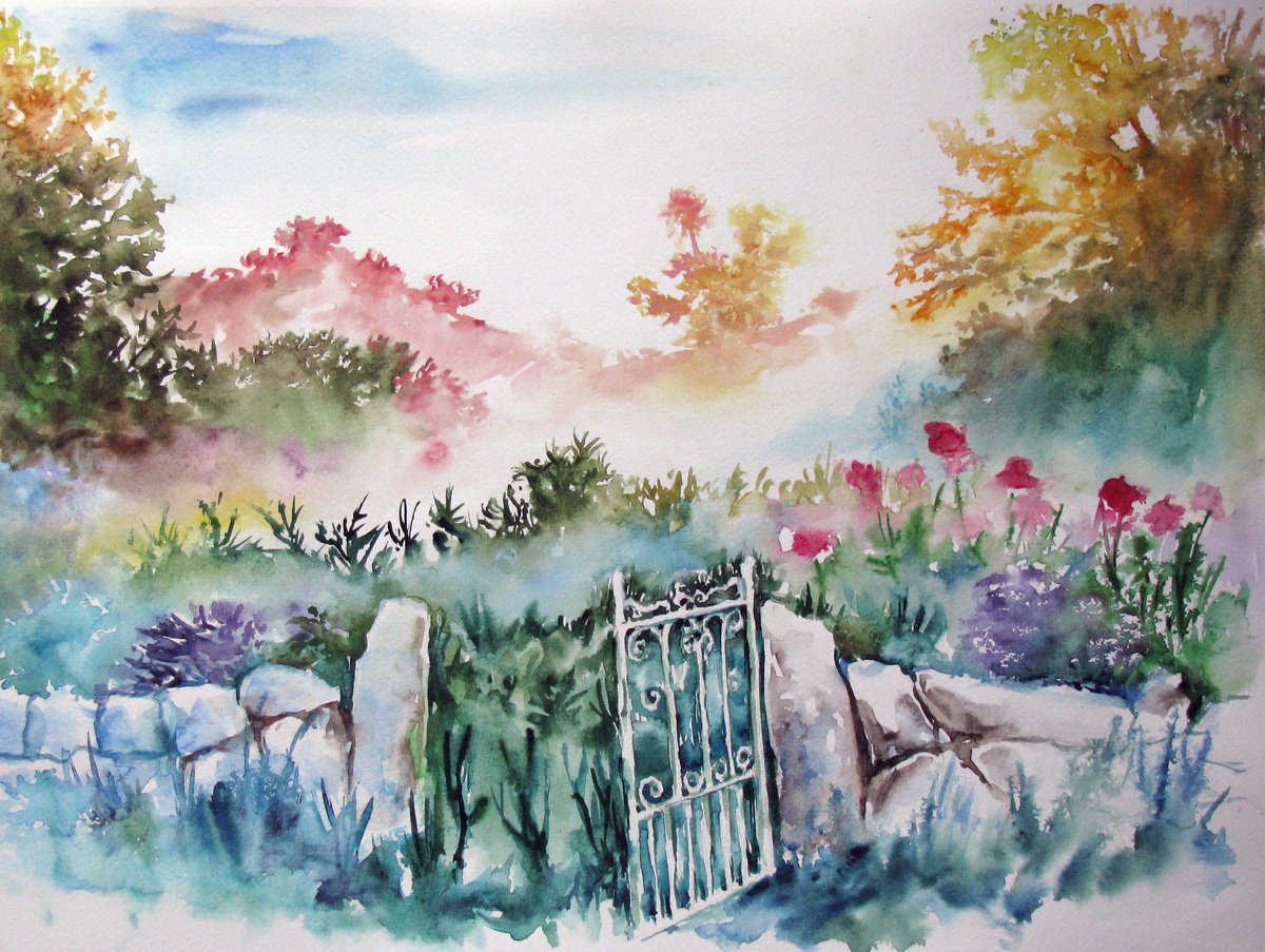 Impressionistic Landscape Watercolour By Szekelyhidi Zsolt, 19 X 14", Gate, Original Artwork